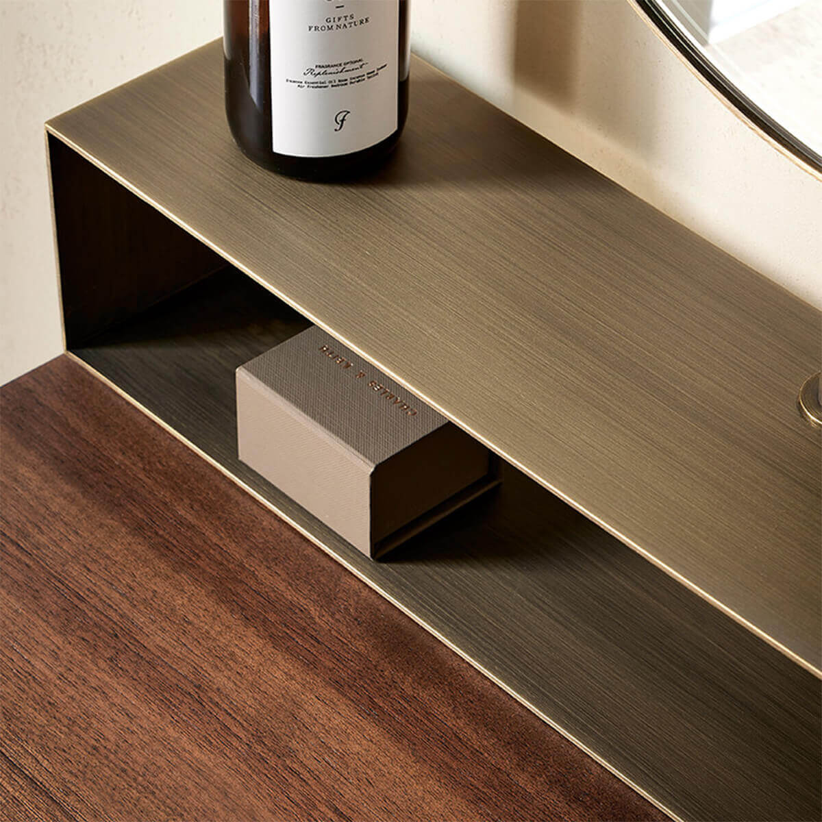 Nora walnut dressing table with practical open shelf storage