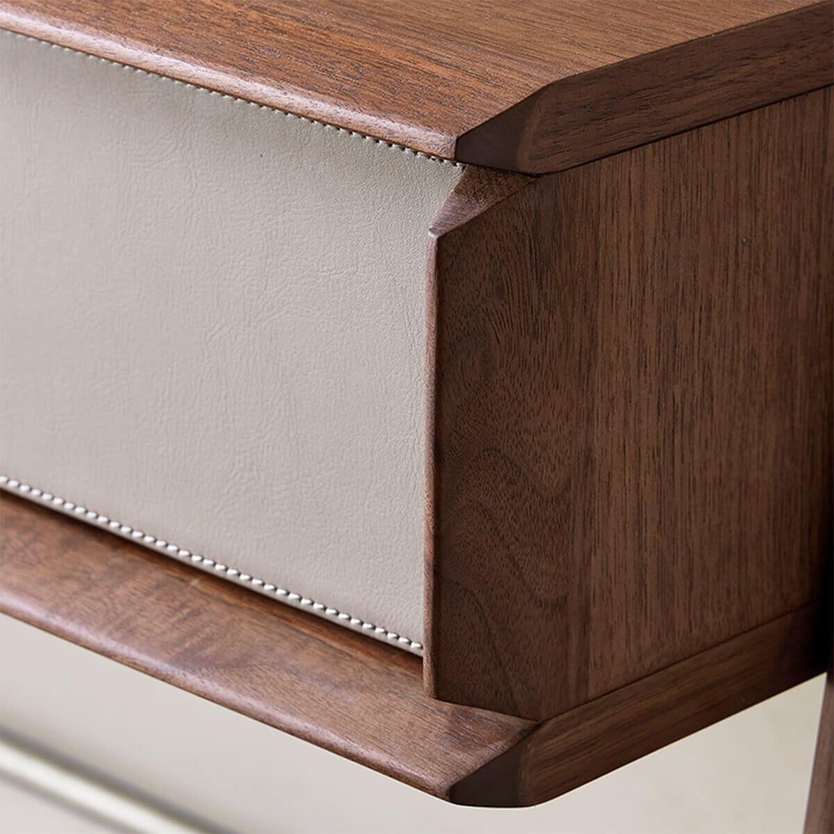Solid walnut corner detail on the Nora dressing table