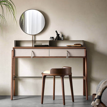 Nora walnut dressing table with rotating mirror and matching stool