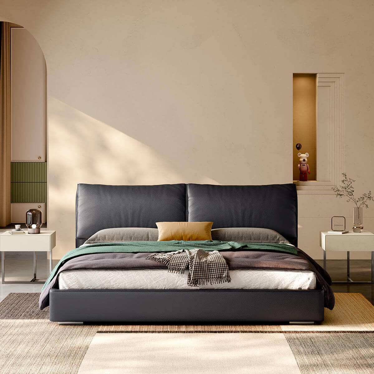 Nore Leather Bed Frame front view with padded dual-panel headboard