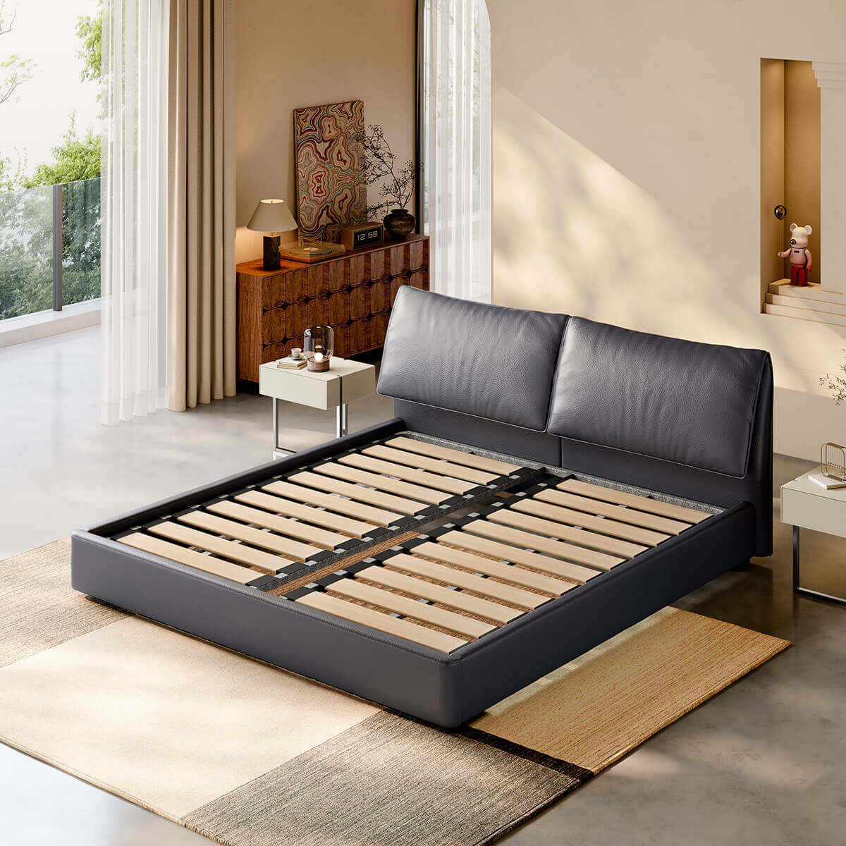 Nore Leather Bed Frame with larch wood slat system