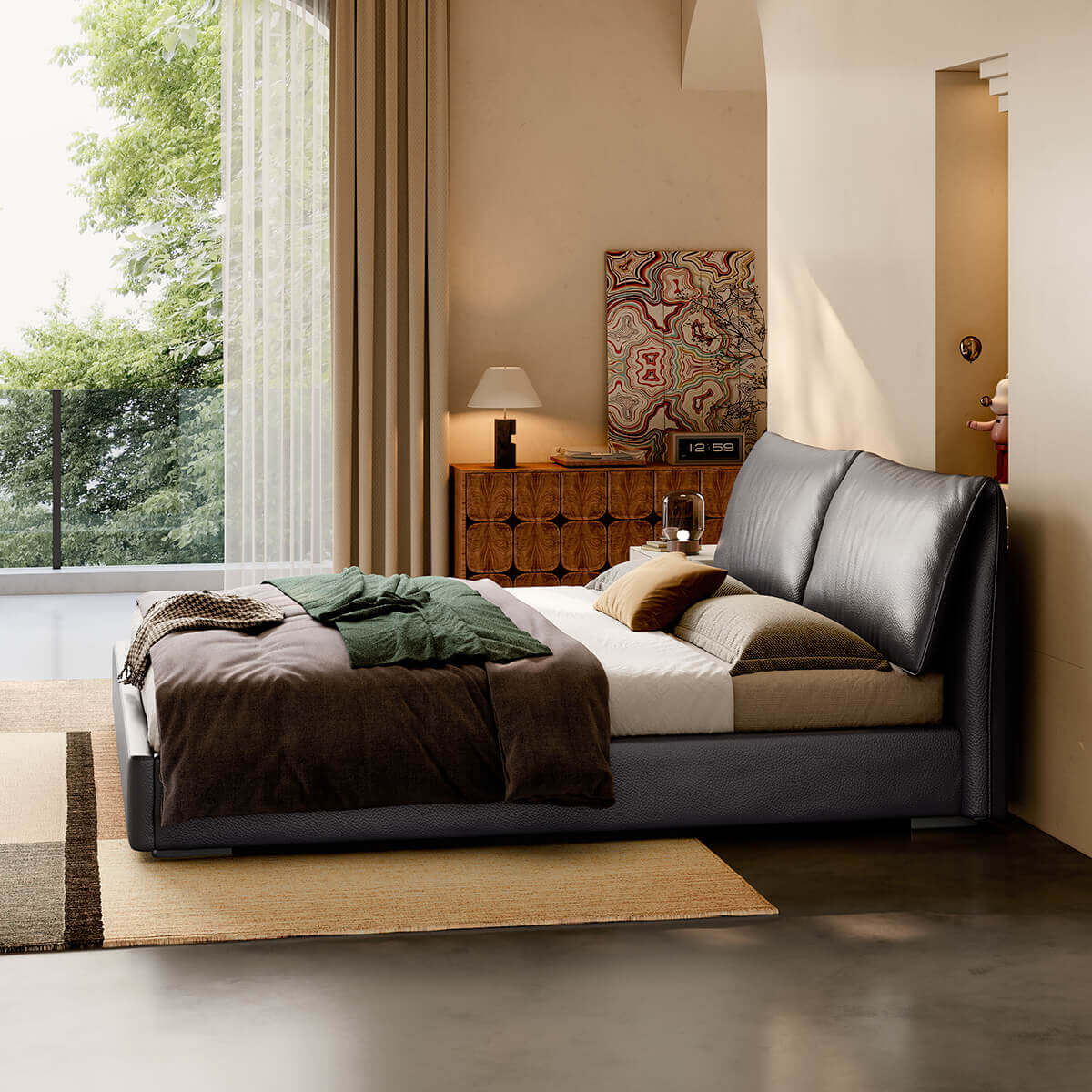 Nore Leather Bed Frame side view showing the upholstered frame