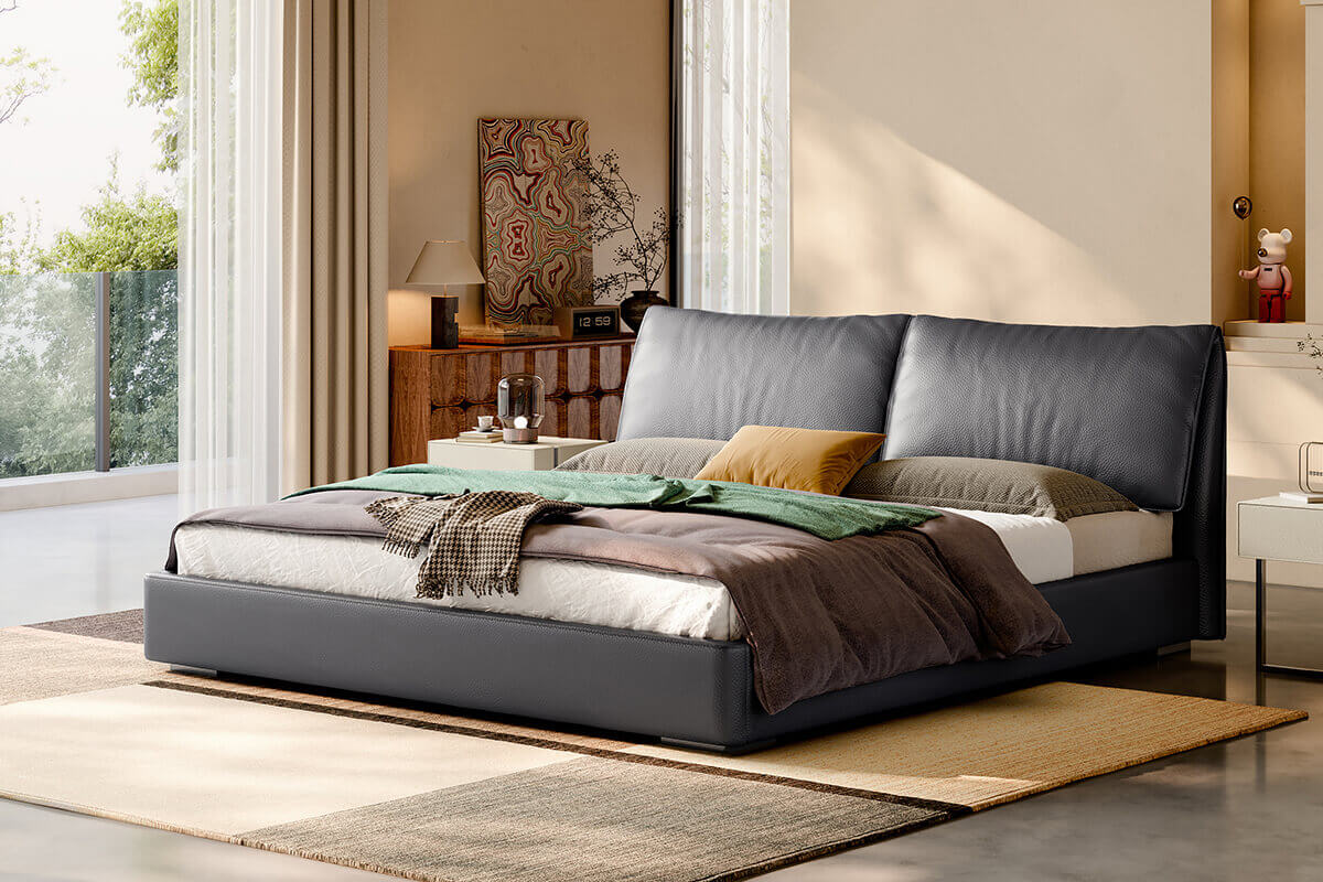 Nore Top-Grain Leather Bed Frame in a bedroom setting