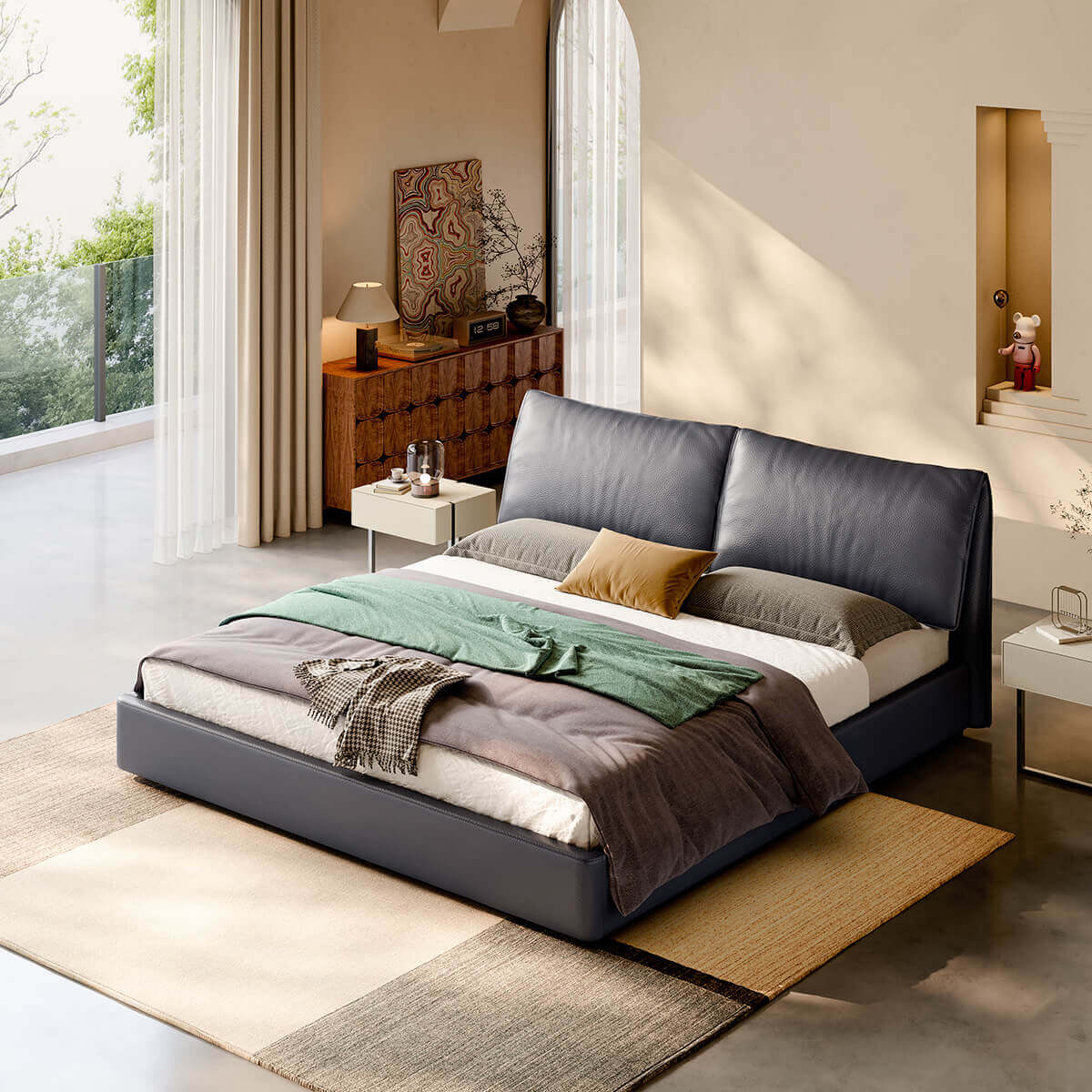Nore Top-Grain Leather Bed Frame shown from an angled view