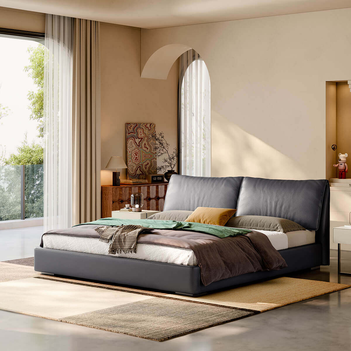 Nore Top-Grain Leather Bed Frame with padded dual-panel headboard