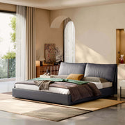 Nore Top-Grain Leather Bed Frame with padded dual-panel headboard