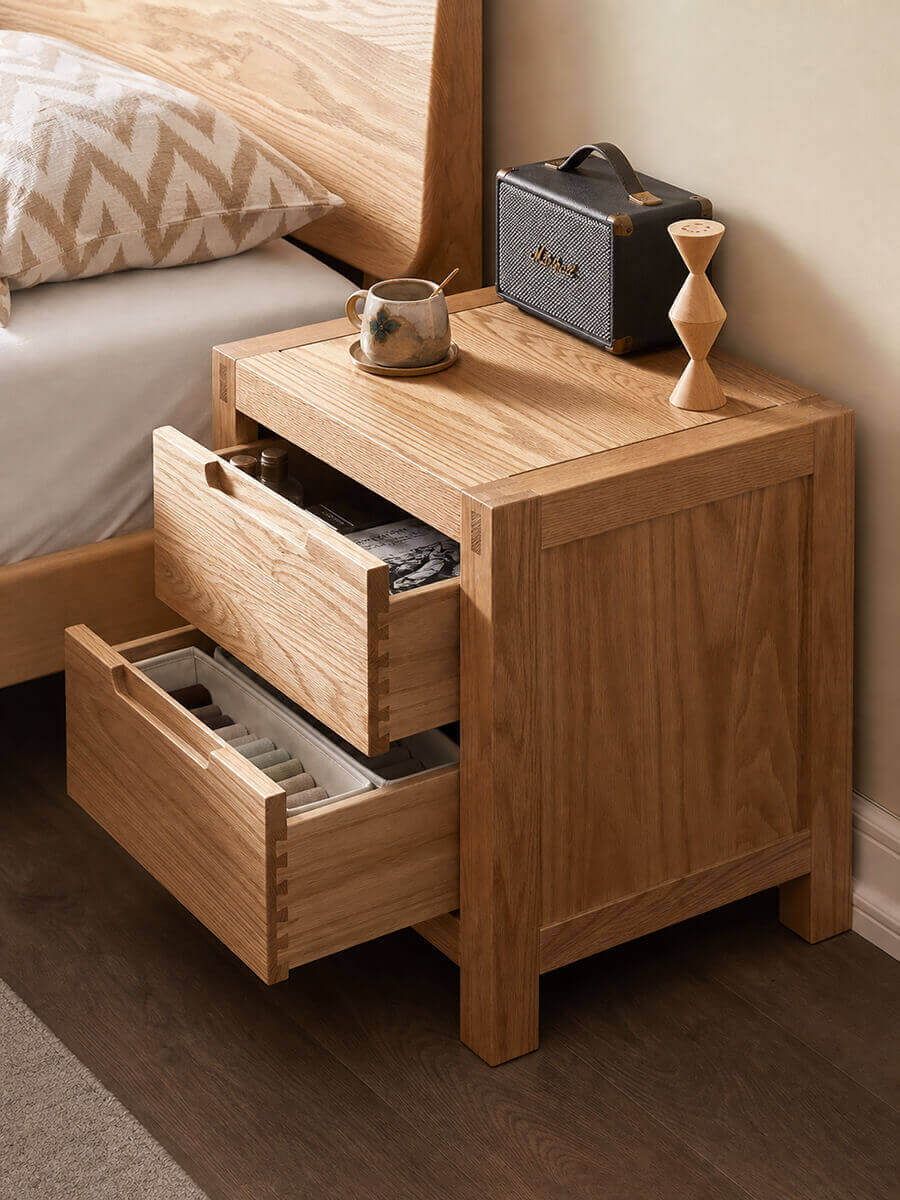 Norman Solid Oak Bedside Table with drawers open showing storage space