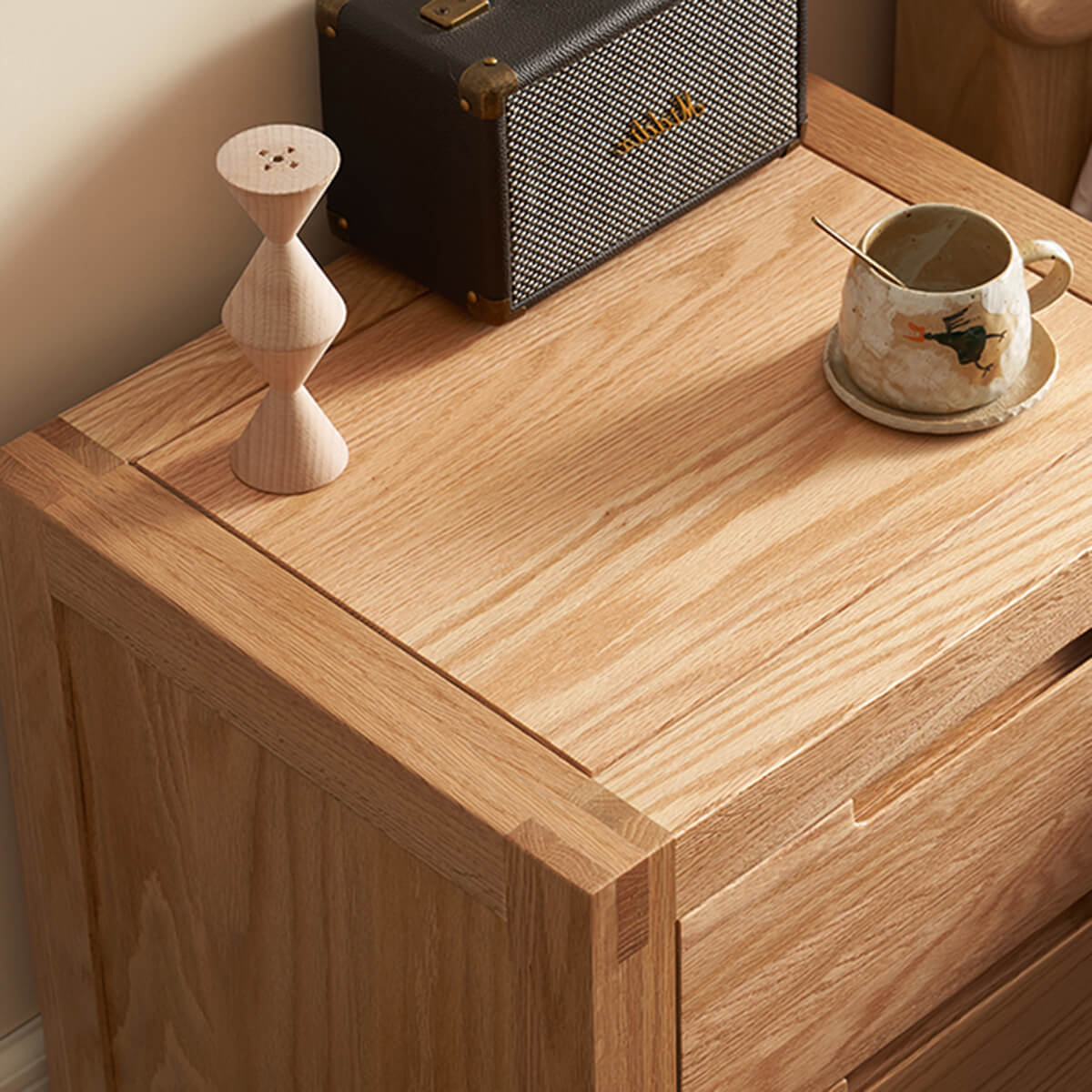 Close-up of solid oak grain and craftsmanship on the Norman Bedside Table