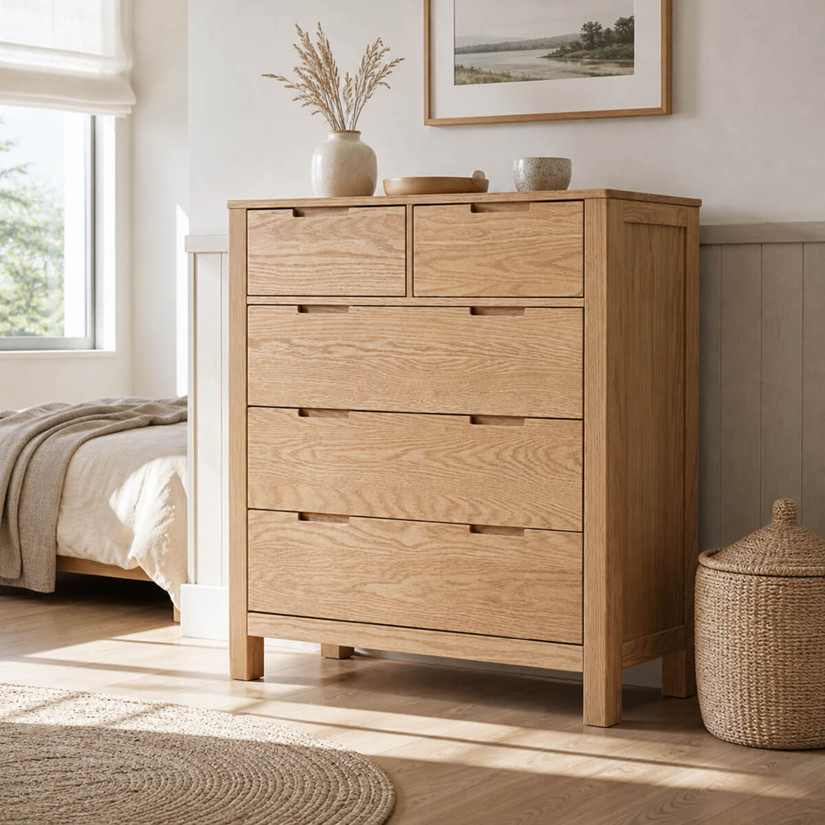 Norway 5 Drawer Tallboy in Natural Oak Bedroom Setting