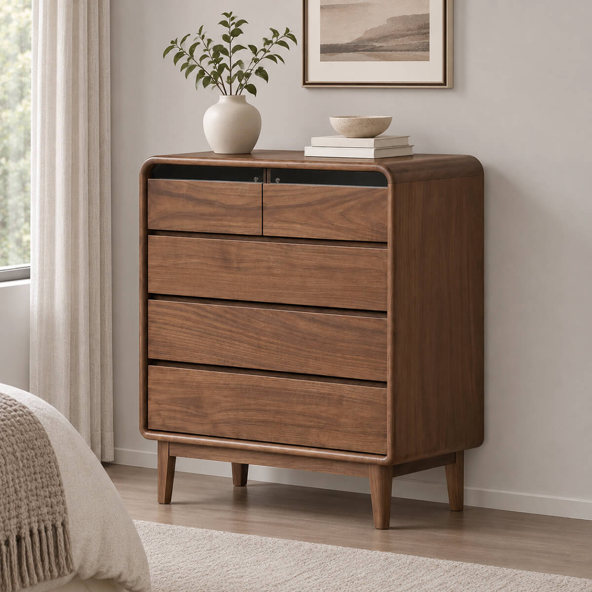 Norwich Solid Walnut Chest of Drawers – 5-drawer tallboy with tapered timber legs