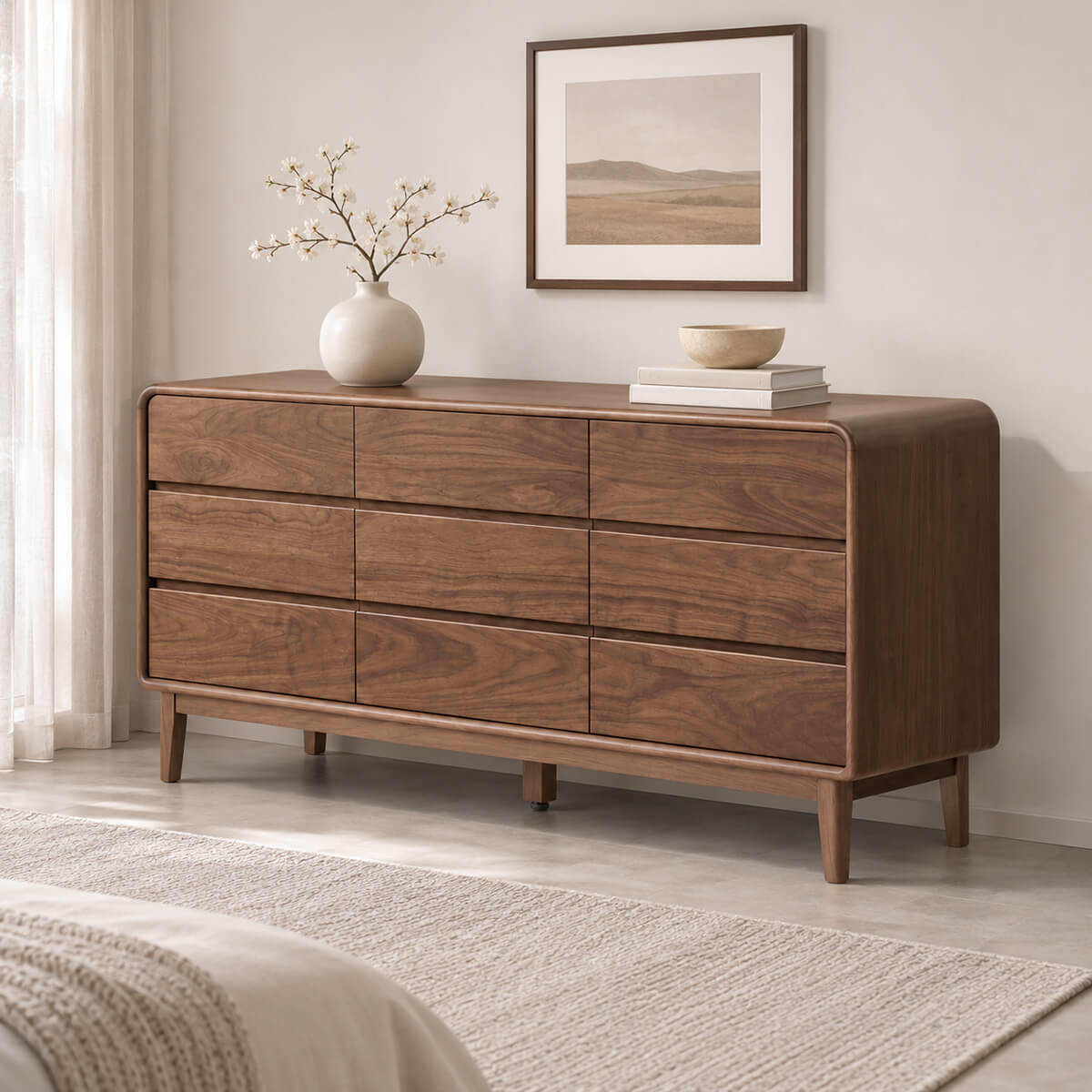 Norwich Solid Walnut Chest of Drawers – 9-drawer wide dresser in a modern bedroom