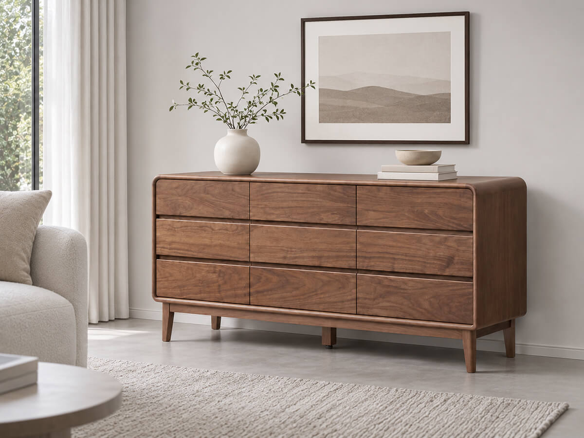 Norwich Solid Walnut 9-Drawer Dresser styled with a vase and framed artwork