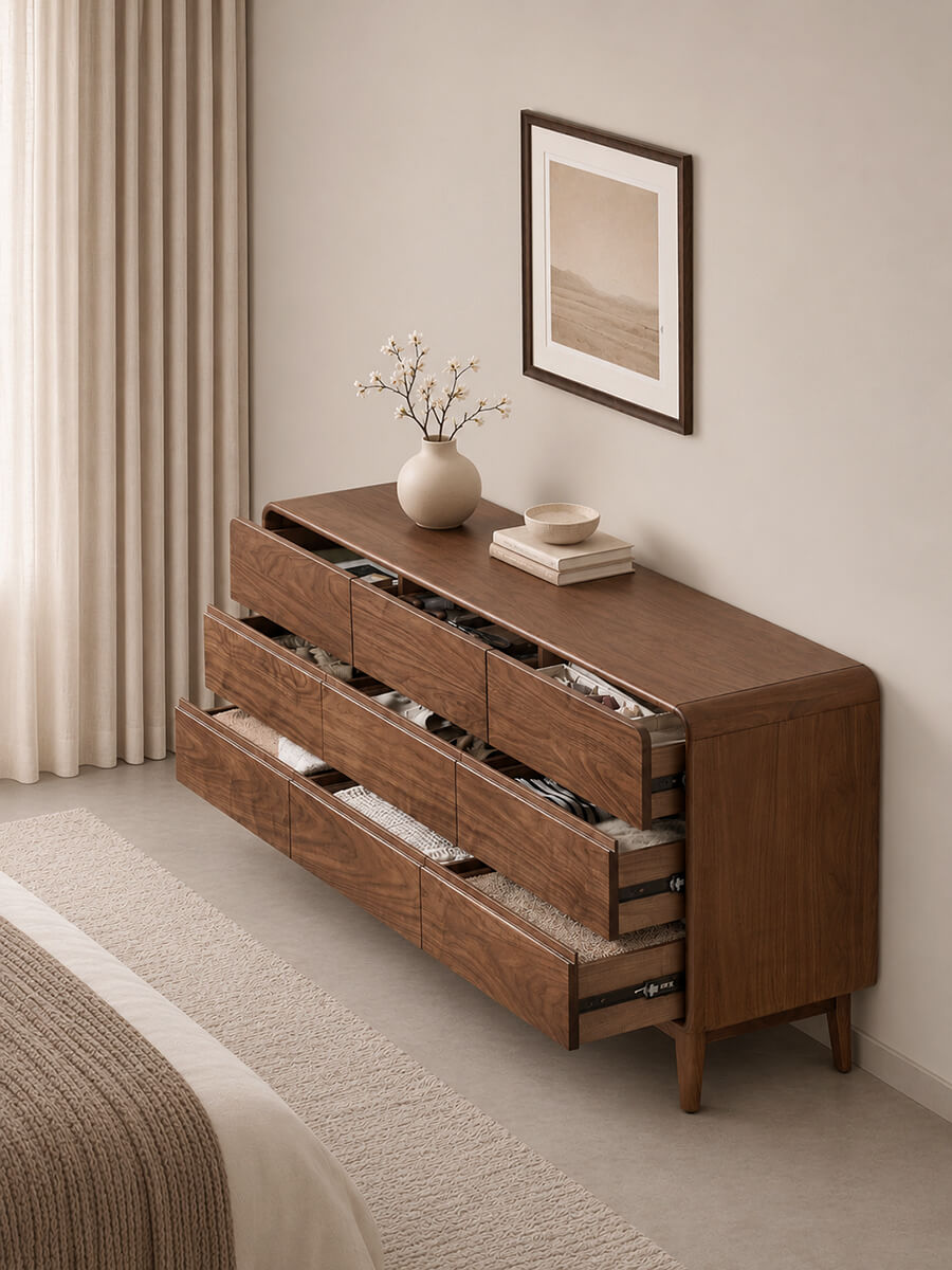 Norwich Solid Walnut Tallboy with five drawers, showing the upper drawer open