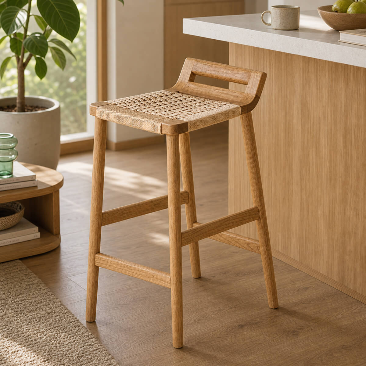 Oakley Woven Cord Bar Stool with solid oak frame in modern kitchen