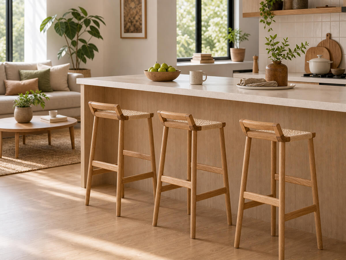 Oakley Woven Cord Bar Stool set around kitchen island