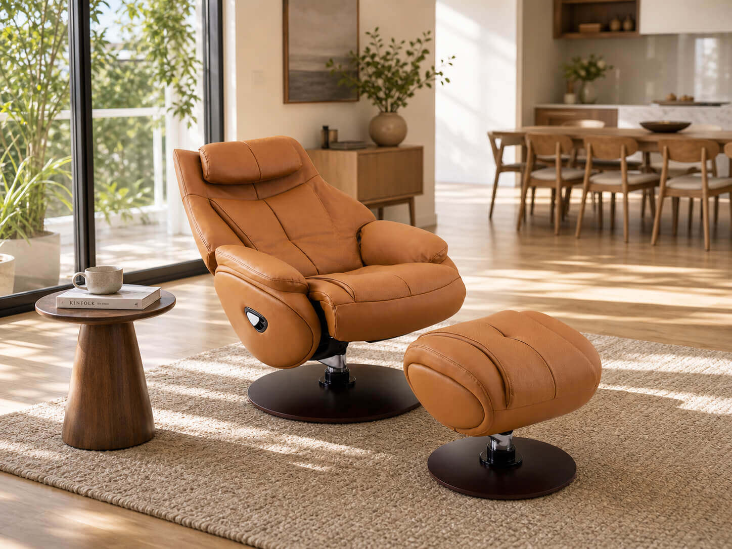 Odense recliner chair in a partially reclined position with ottoman