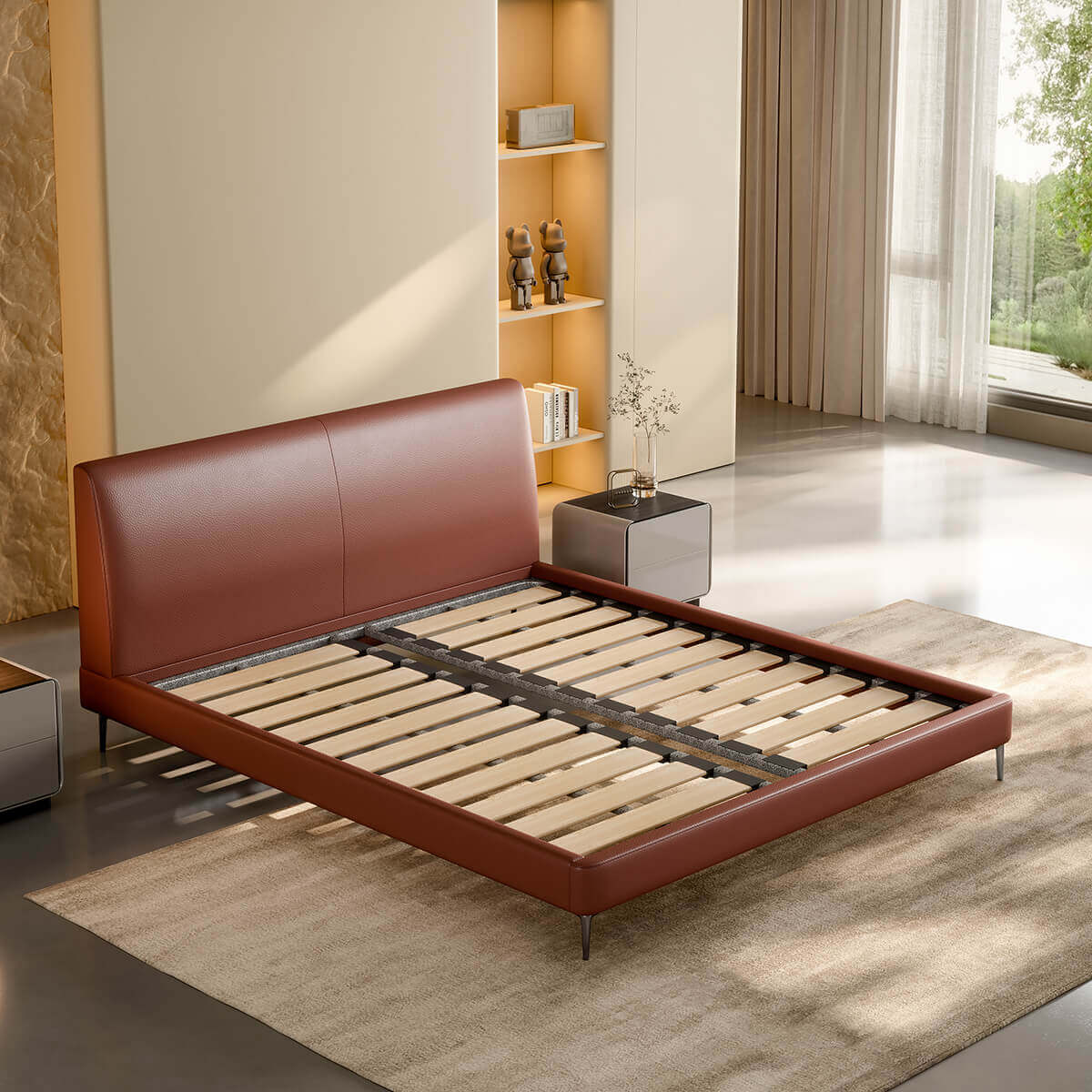 Oren Leather Bed Frame with larch wood slat system