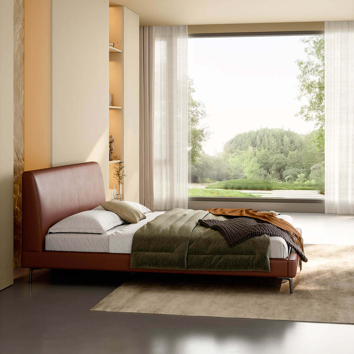 Oren Leather Bed Frame side view showing the slim elevated frame