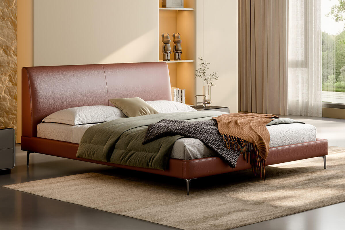 Oren Top-Grain Leather Bed Frame in a bedroom setting