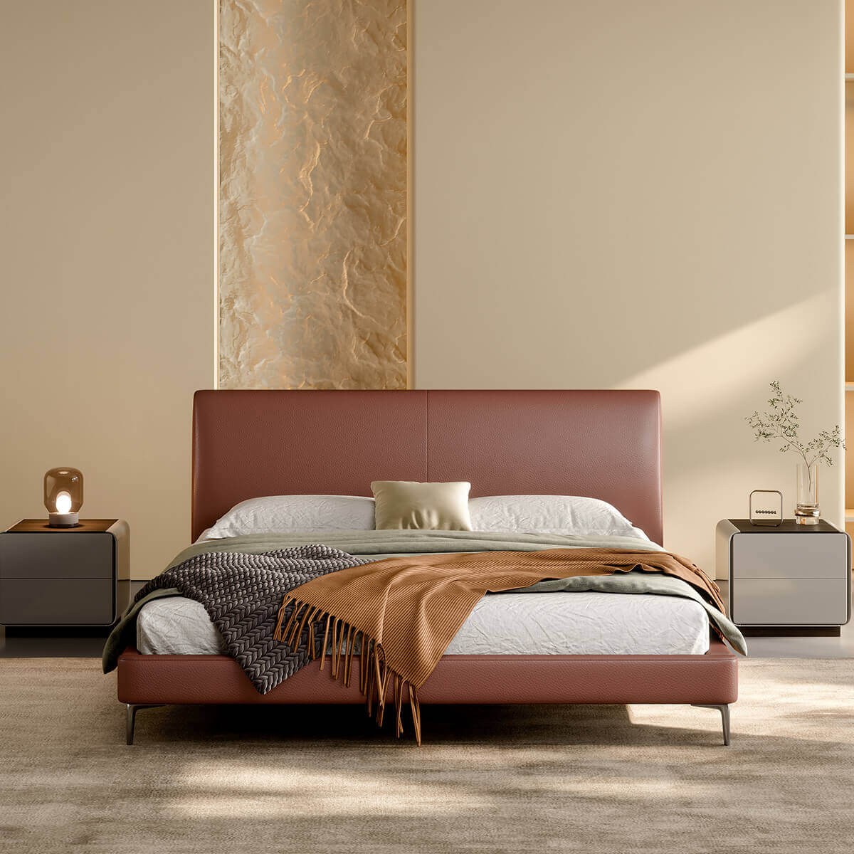 Oren Top-Grain Leather Bed Frame front view with curved padded headboard