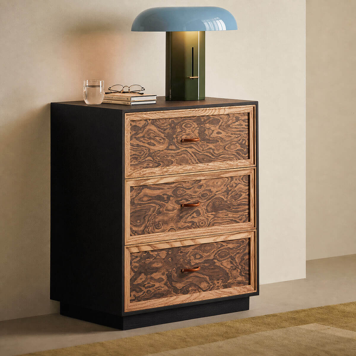 Orven burl-effect 3 drawer bedside table with oak detailing