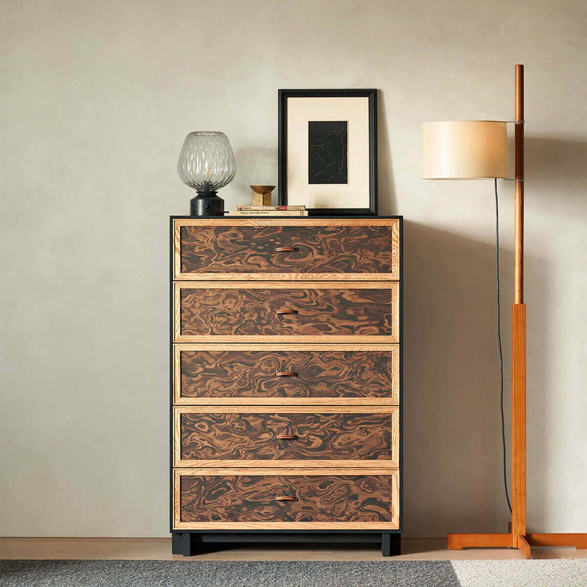 Orven burl-effect 5 drawer tallboy with oak detailing