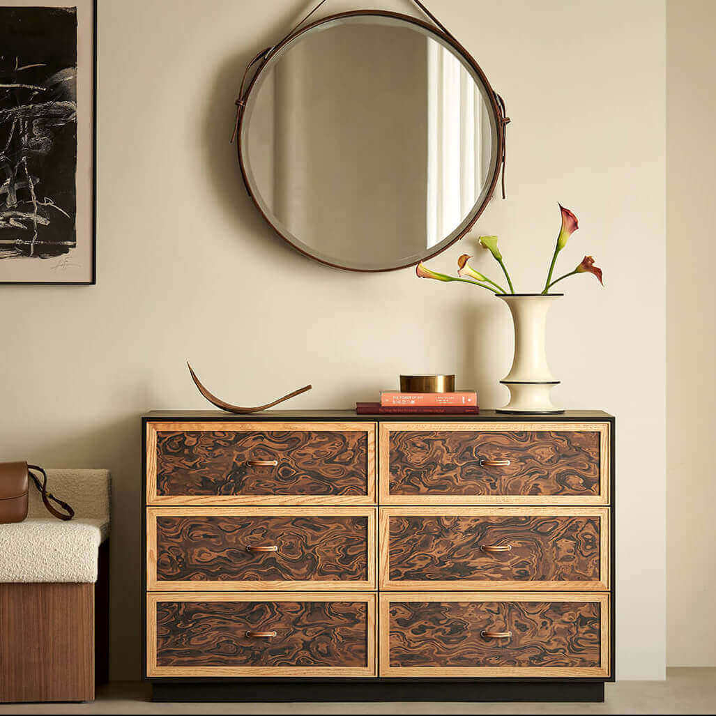 Orven 6 drawer chest with burl-effect fronts and oak detailing