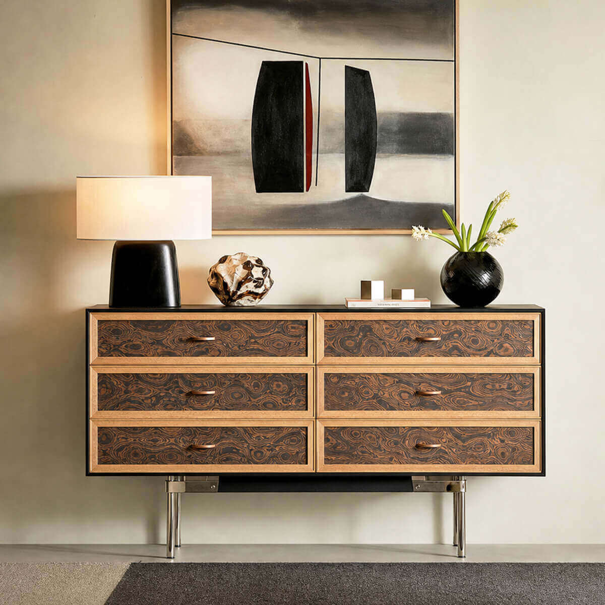 Orven burl-effect 6 drawer chest of drawers with oak detailing