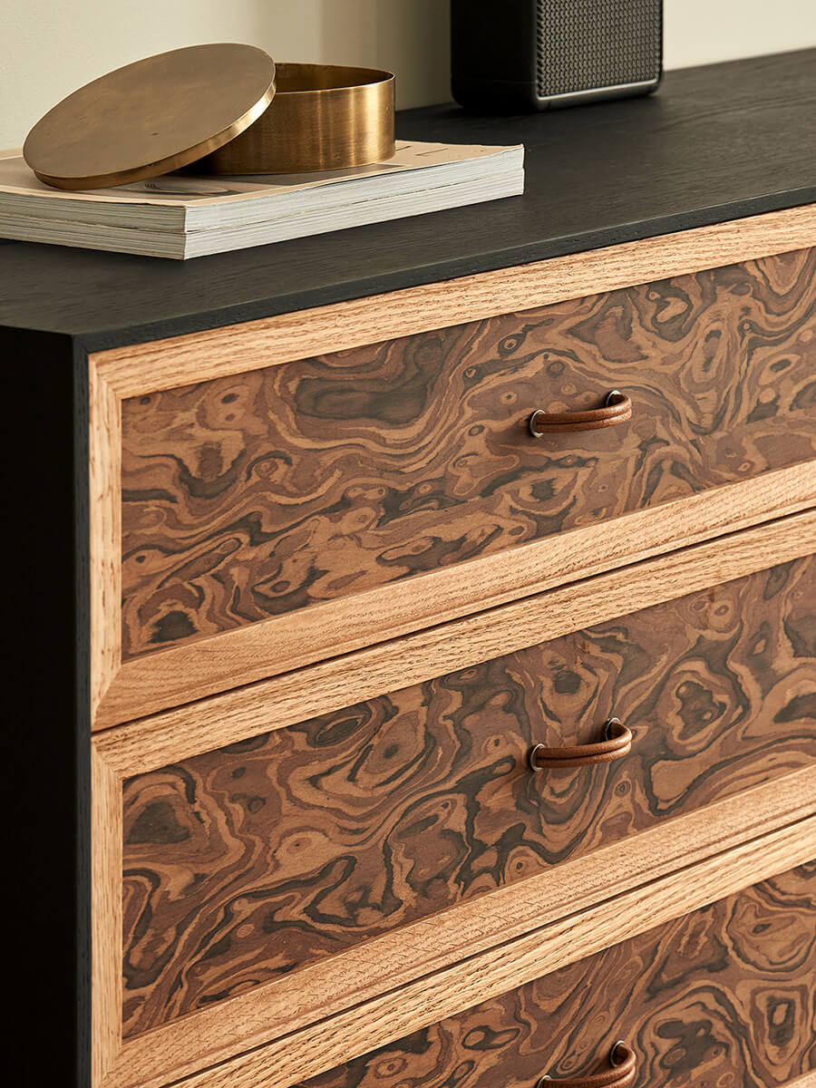 Orven burl-effect drawer front with oak detailing