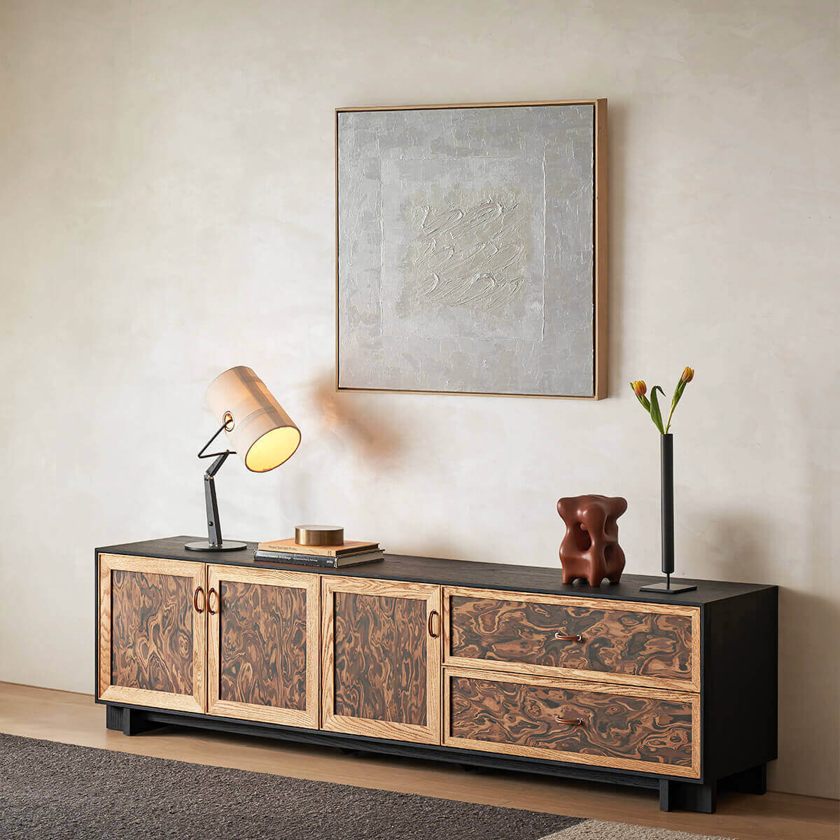 Orven Burl-Effect TV Unit showing burl-effect fronts and black top