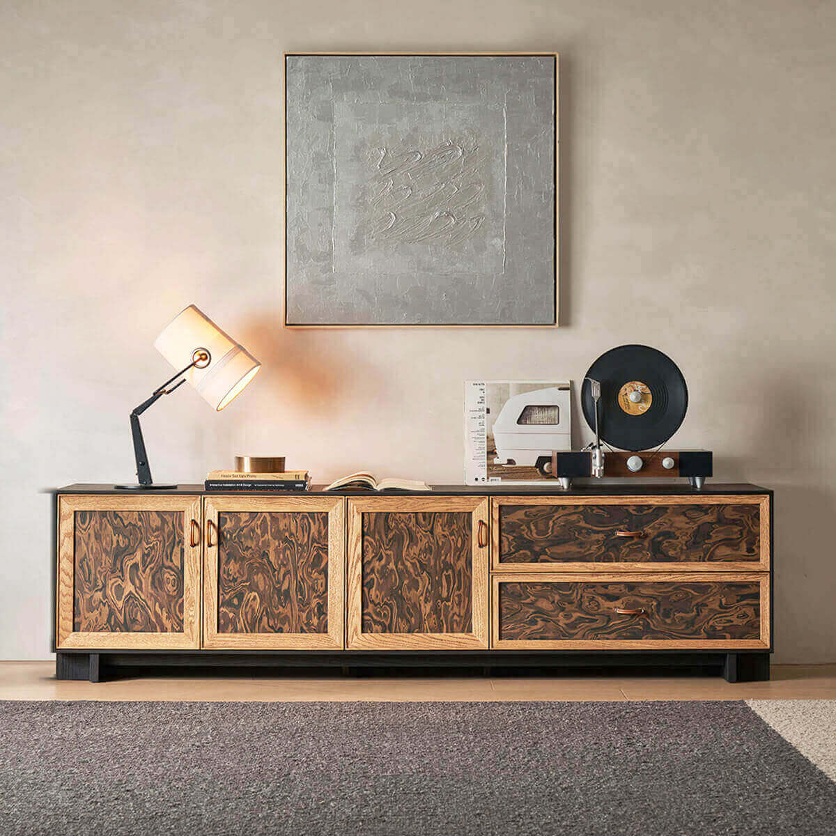 Orven Burl-Effect TV Unit with contrasting oak detailing and generous storage
