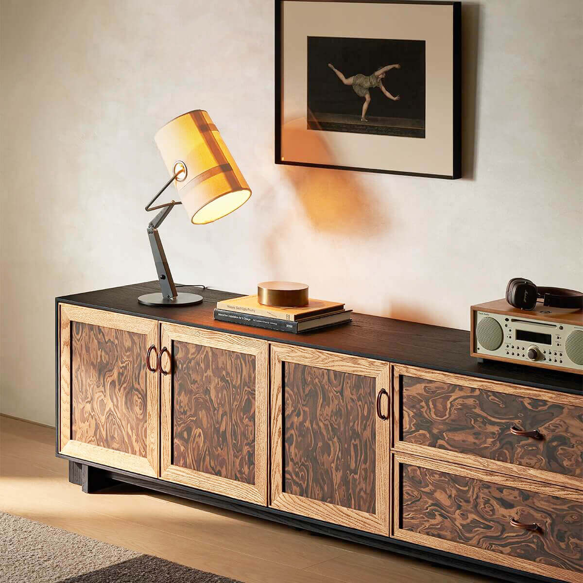 Orven Burl-Effect TV Unit styled with lamp and audio equipment
