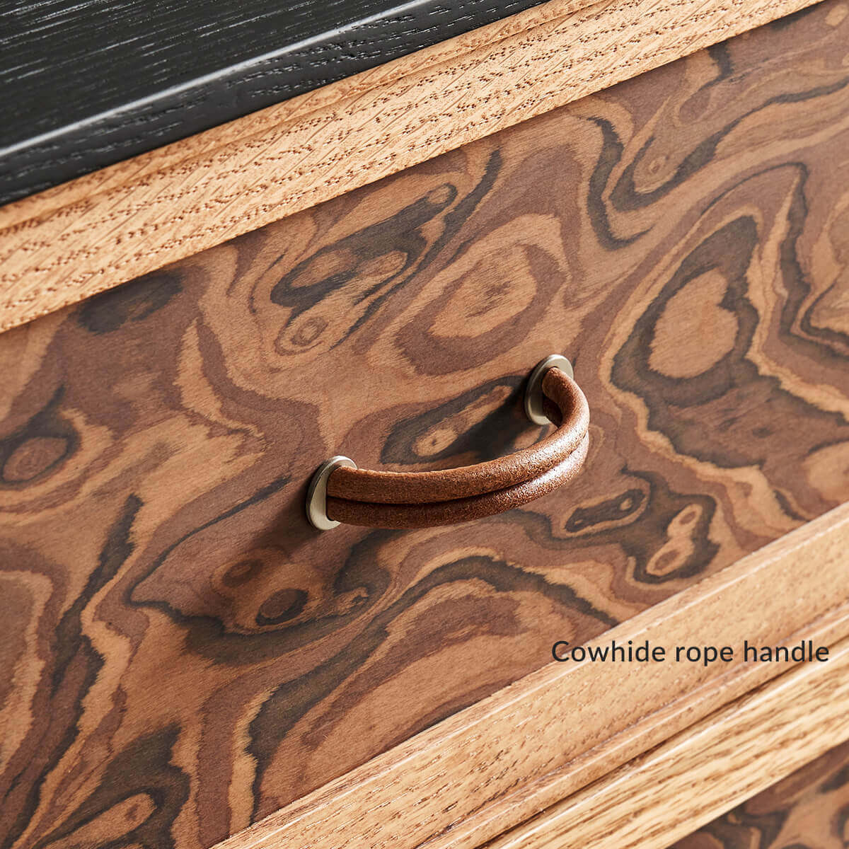 Orven leather rope drawer handle and burl-effect front detail