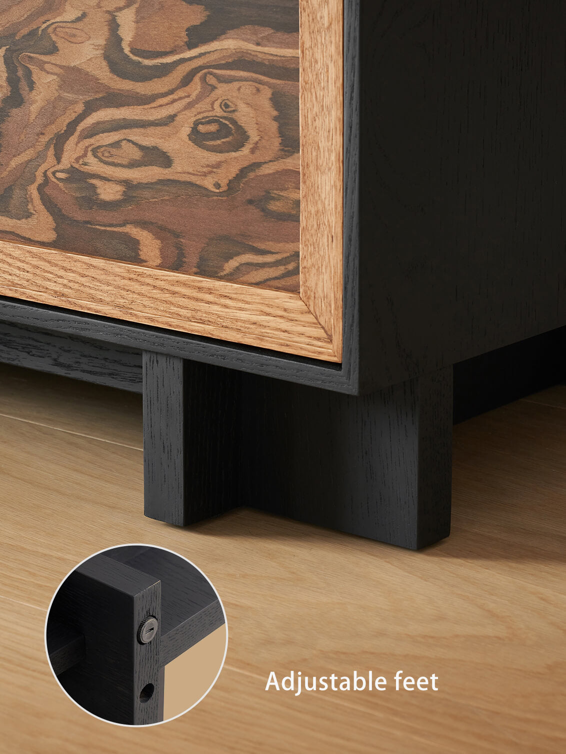 Adjustable feet and cross-support base of Orven TV Unit