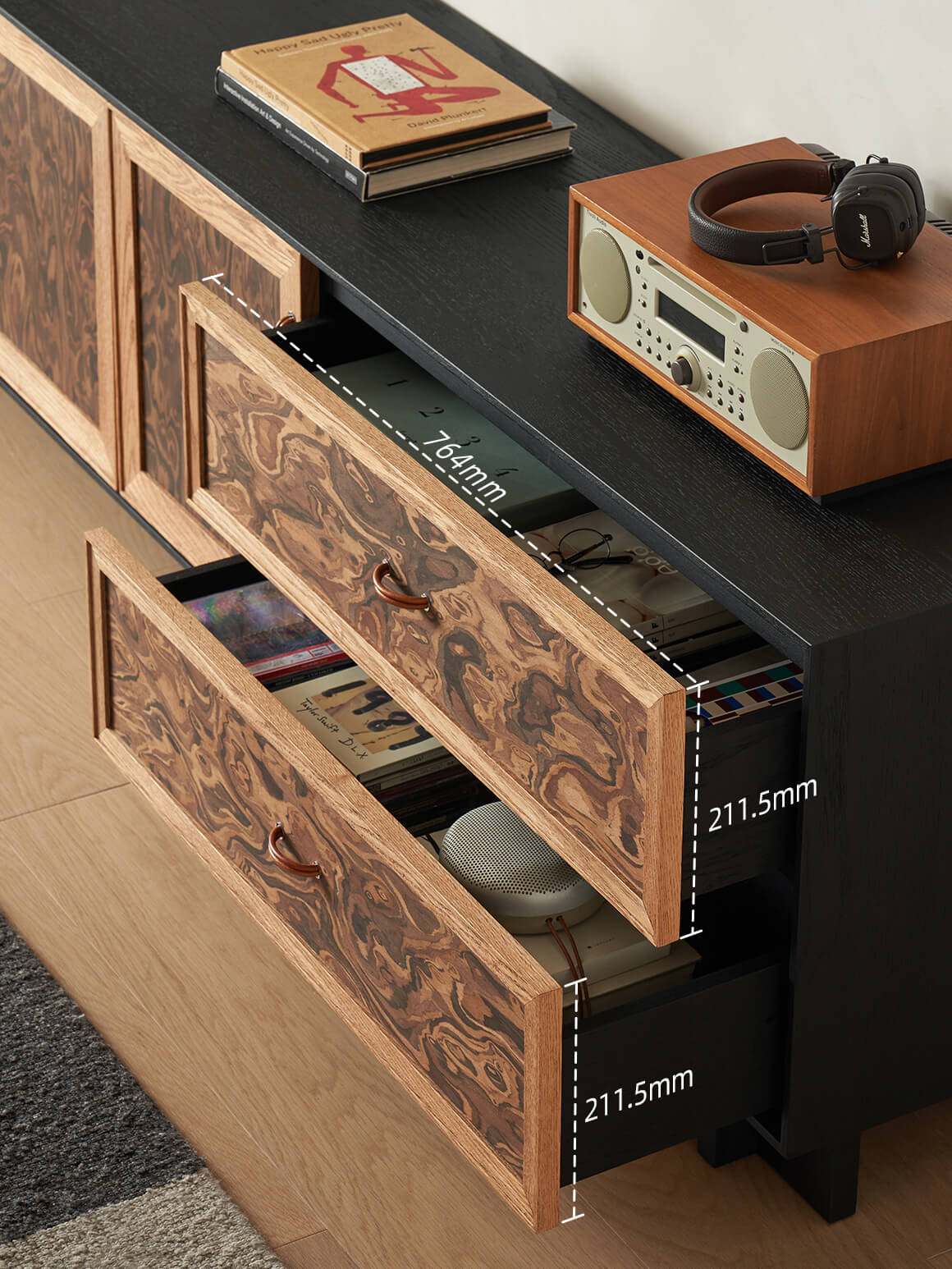 Orven TV Unit with cabinet doors open showing internal storage