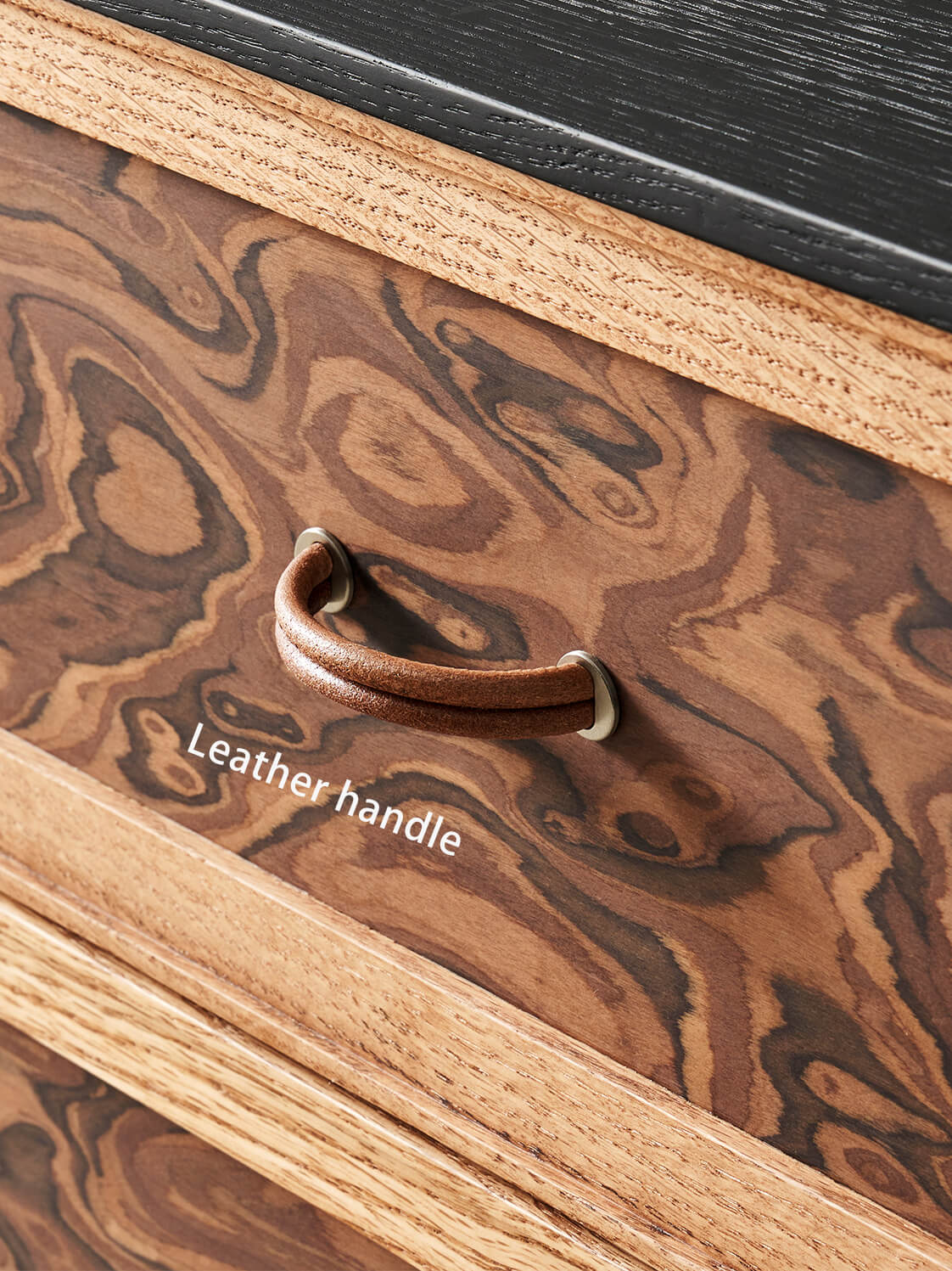 Leather pull handle on Orven Burl-Effect TV Unit drawer