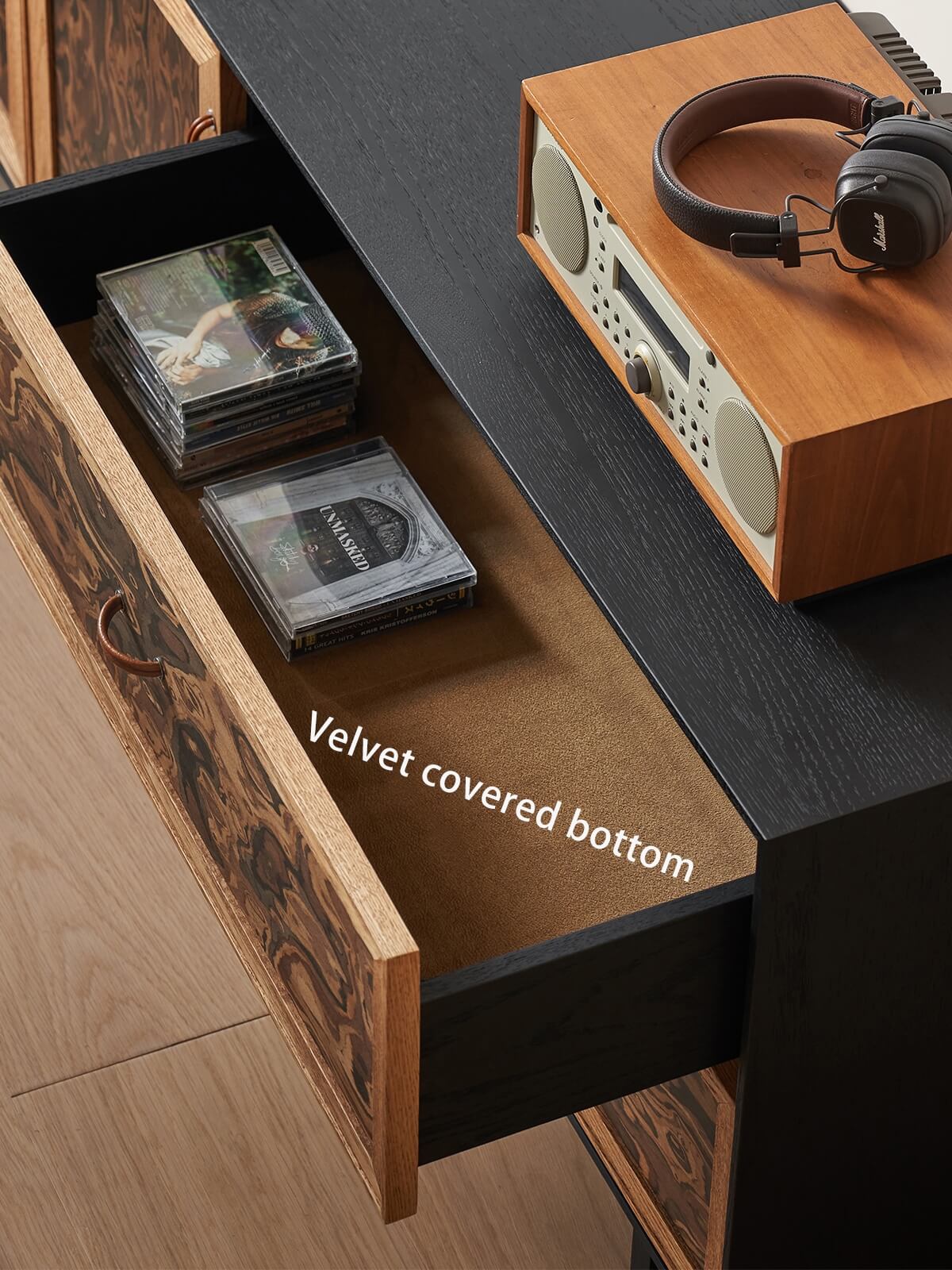 Orven TV Unit drawer with soft velvet-lined interior
