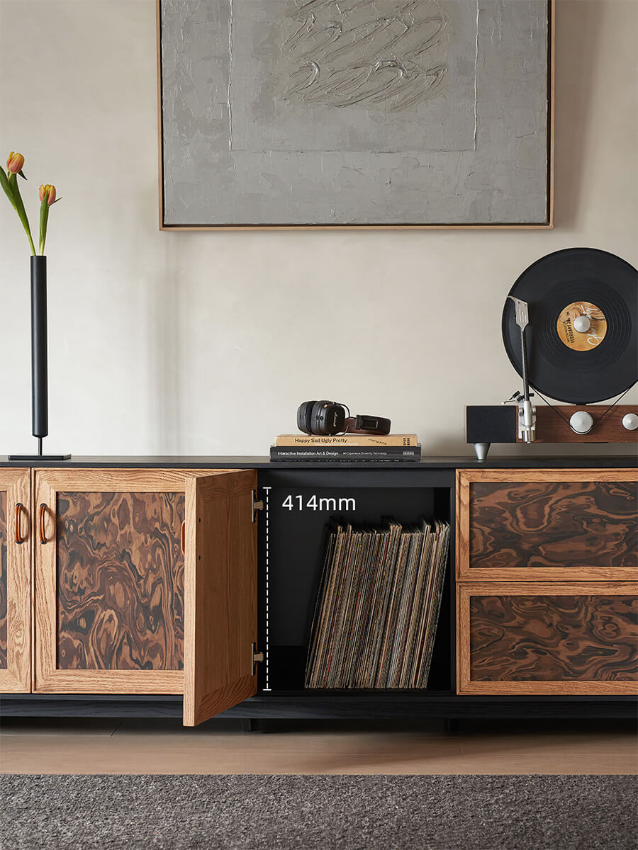 Orven TV Unit with extra-wide drawers open for media storage