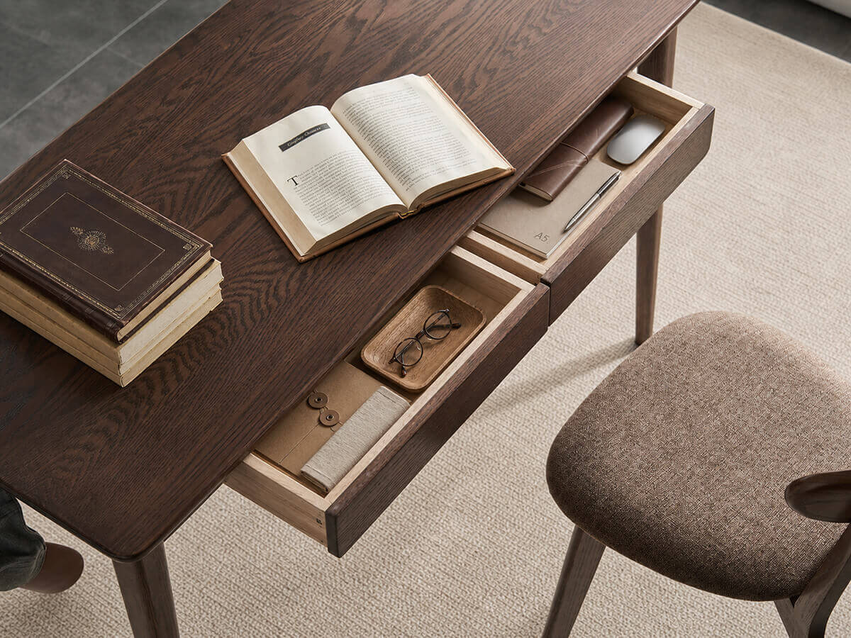 Oslo Solid Oak Desk in dark walnut finish with drawer open