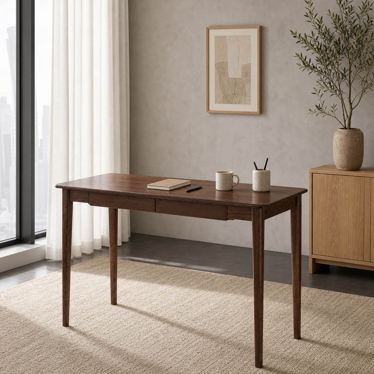 Oslo Solid Oak Desk in dark walnut finish in a modern home office