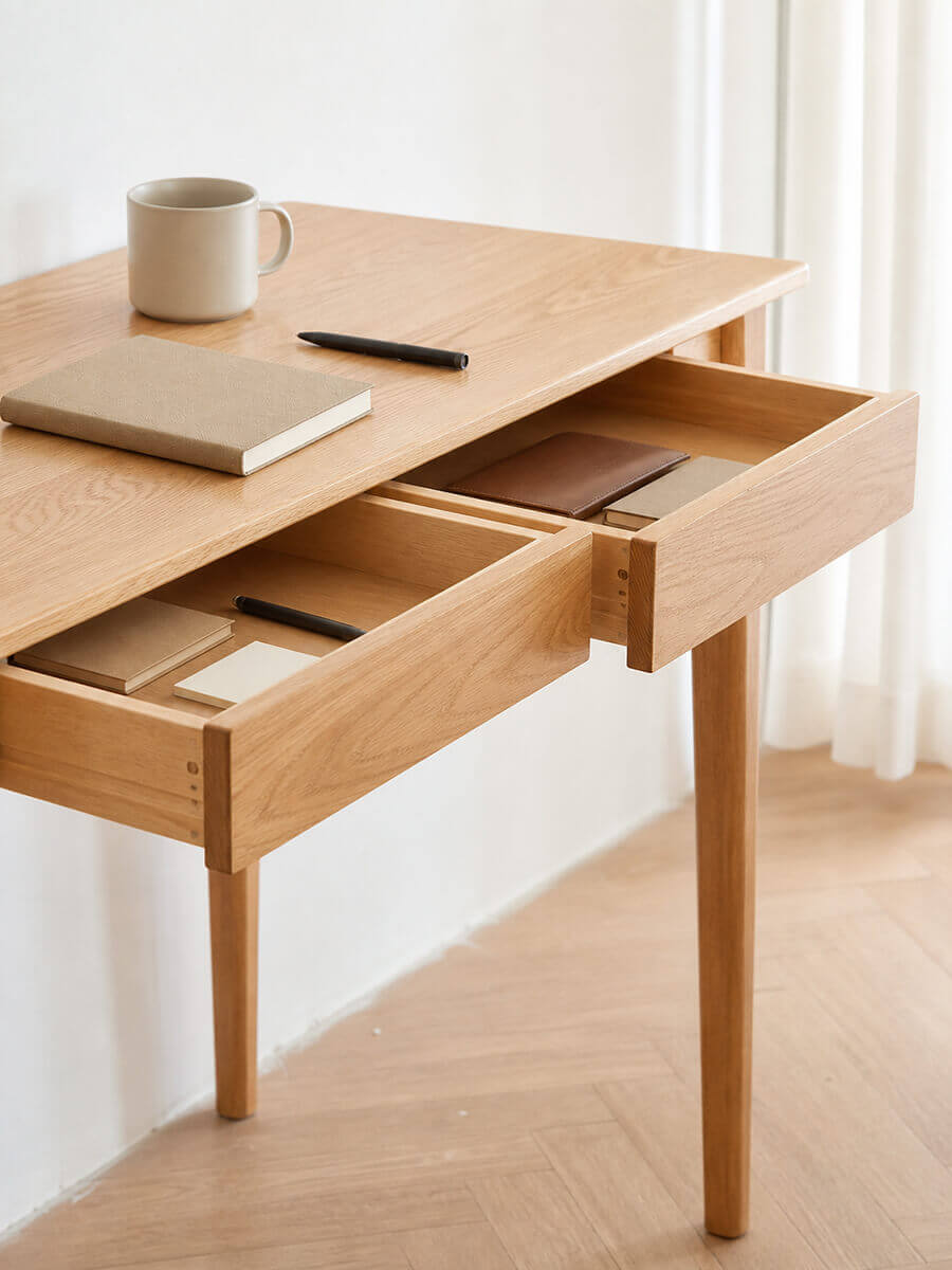 Oslo Solid Oak Desk with drawer open showing solid timber drawer construction