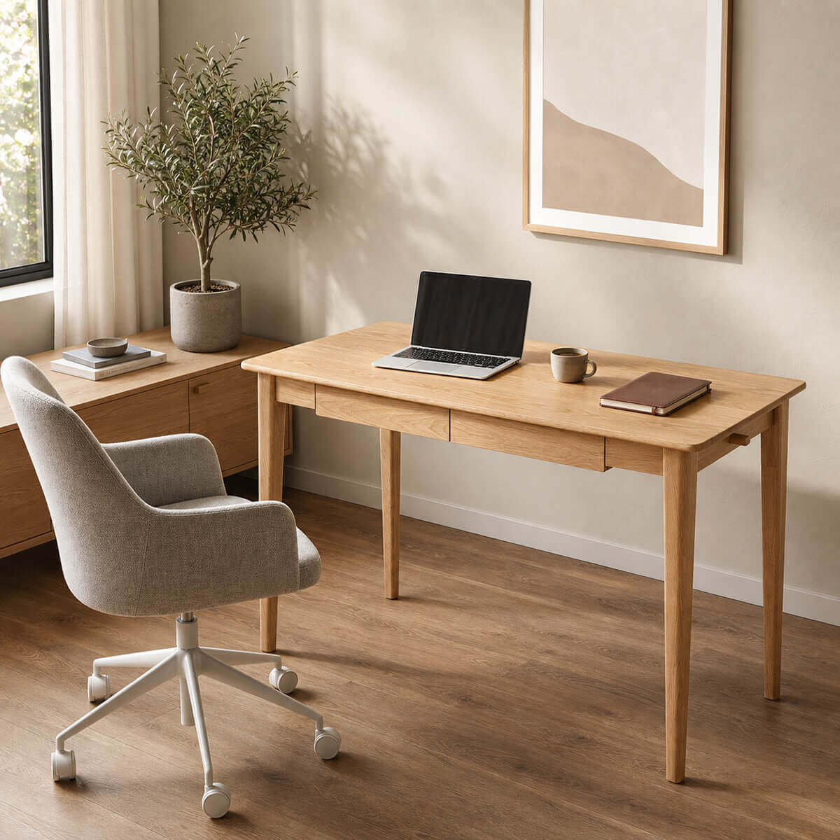 Oslo Solid Oak Desk styled in a contemporary home office