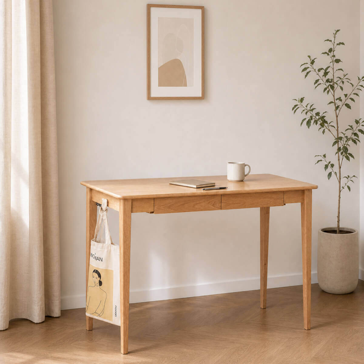 Side view of the Oslo Solid Oak Desk in a minimalist workspace