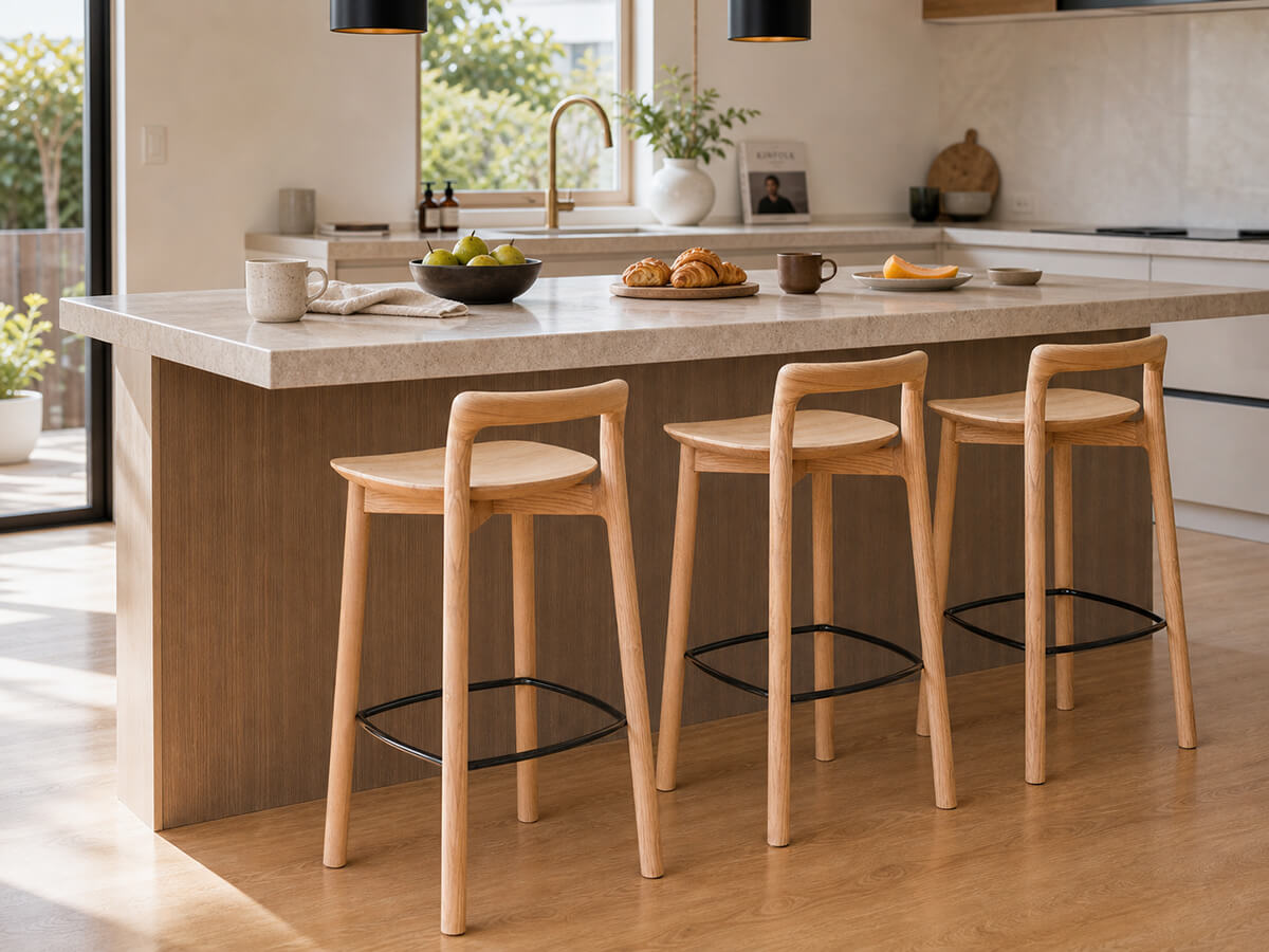 Mountain timber bar stools in an open-plan kitchen space