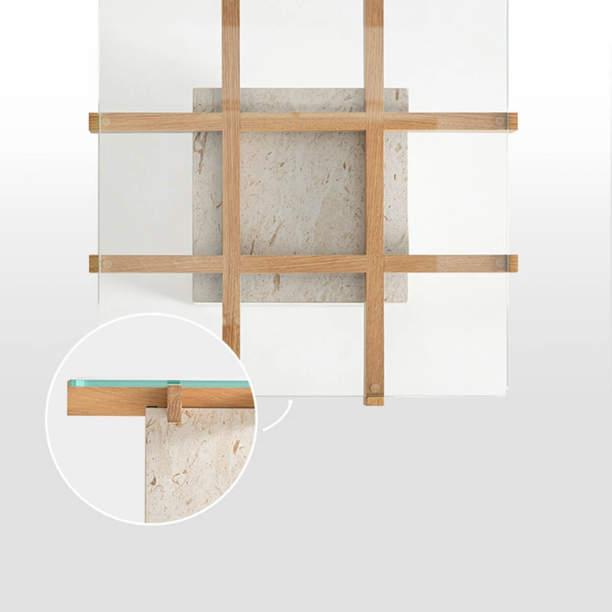 Solid timber frame detail on the Patrick glass and marble side table