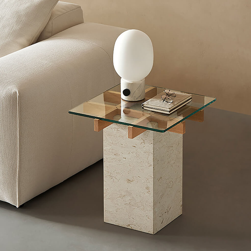 Patrick glass and marble side table styled in a contemporary living room