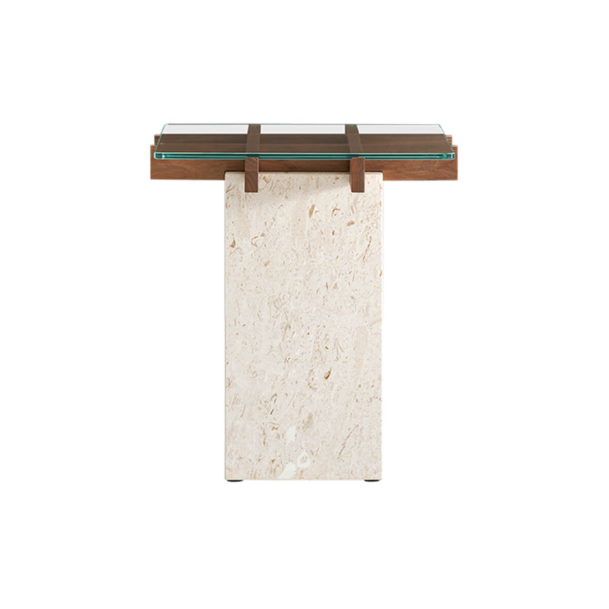 Patrick glass and marble side table with walnut solid timber frame