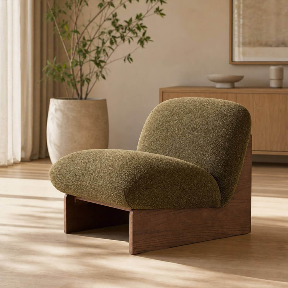 Pebble Accent Chair with sculptural timber base and upholstered seat in a contemporary living room