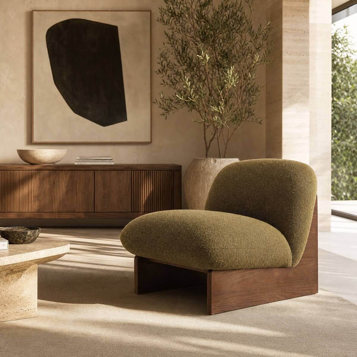 Pebble Accent Chair placed in a bright reading corner with contemporary decor