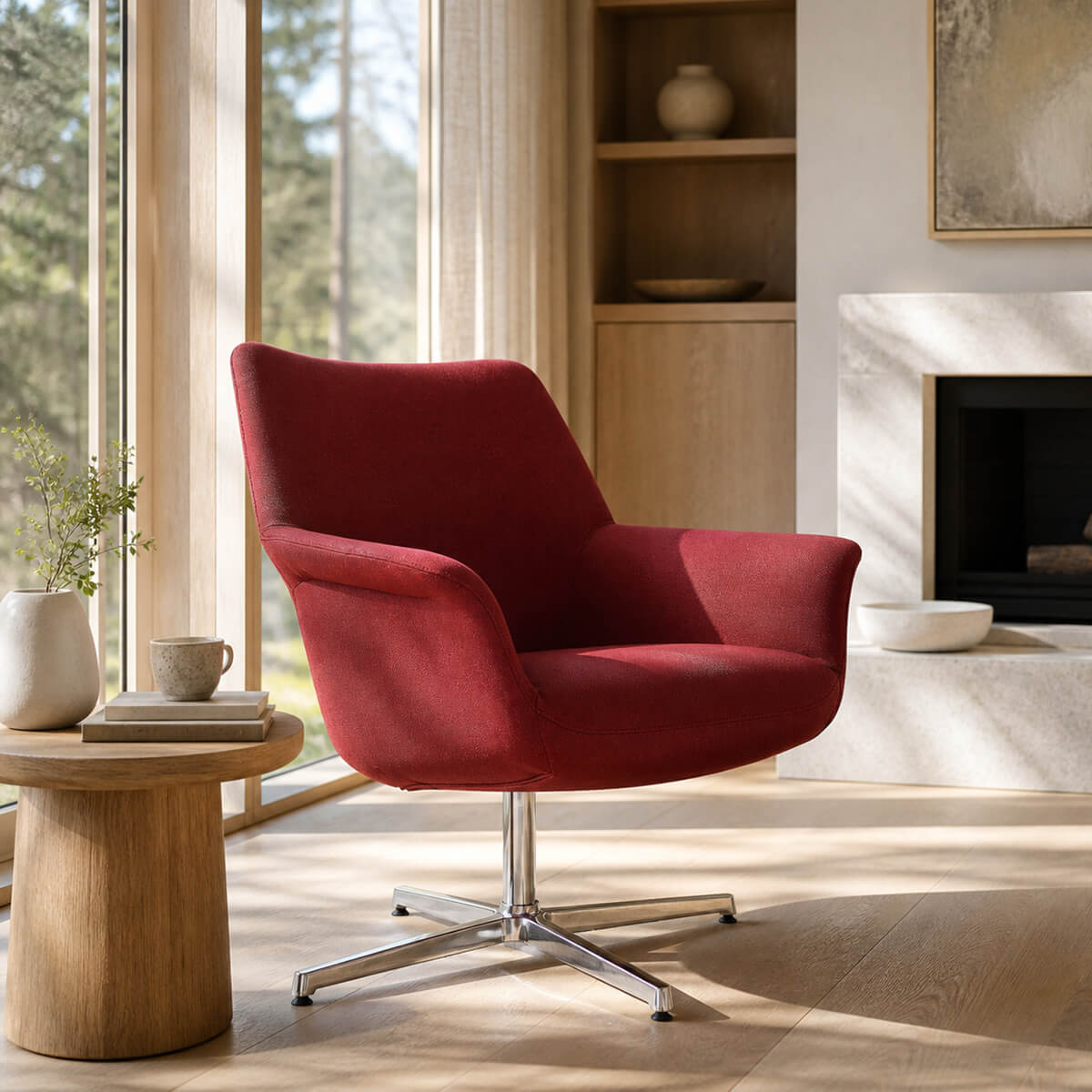 Pimento red swivel armchair in a bright contemporary living room